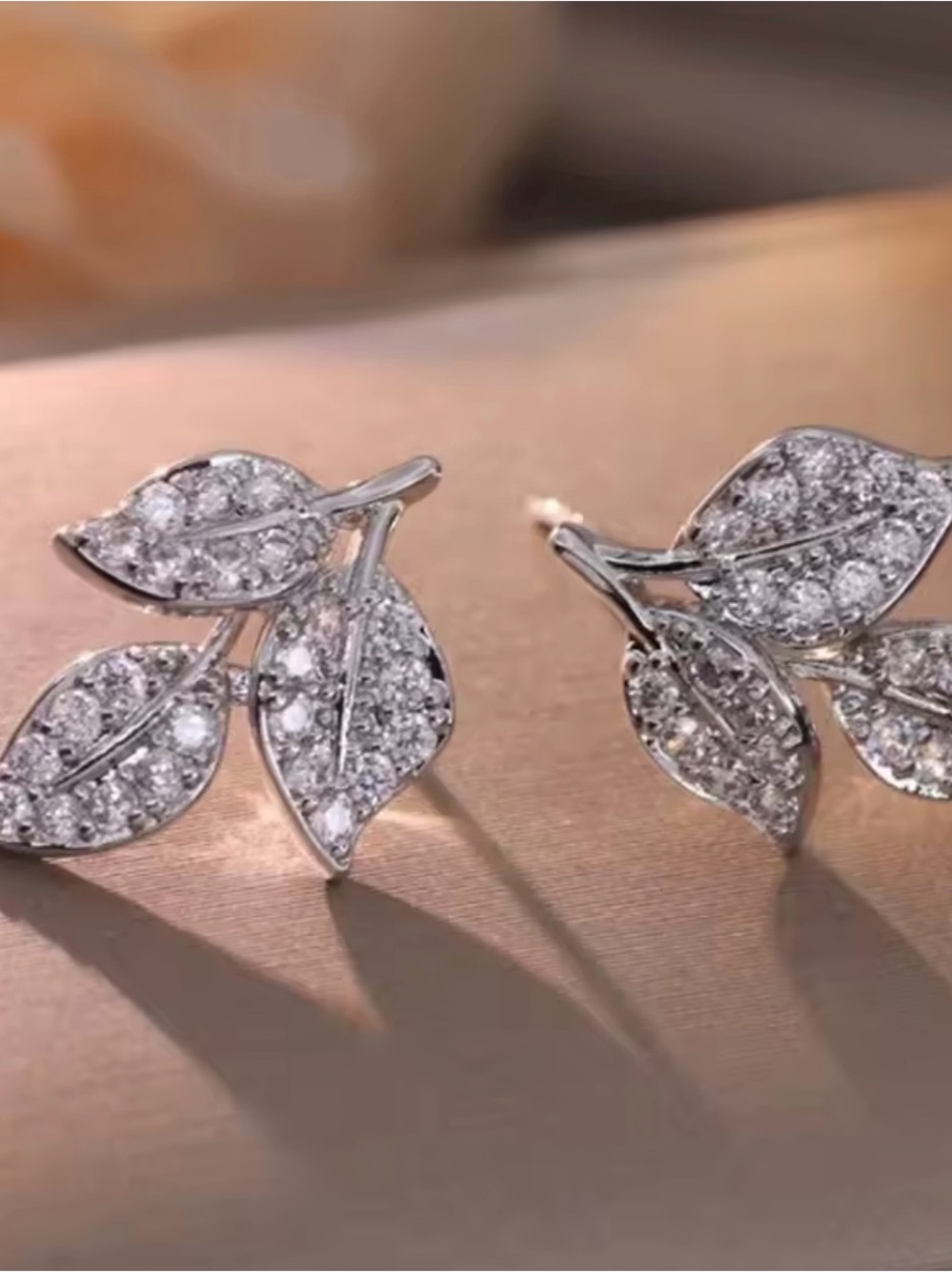 Silver Leaf Pavé Crystal Stud Earrings - Women Jewelry new
